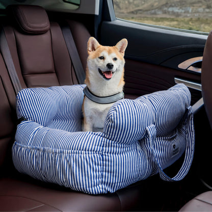 Luxury Dog Car Seat with Blue-White Stripes – Comfortable & Safe Travel Bed for Pets
