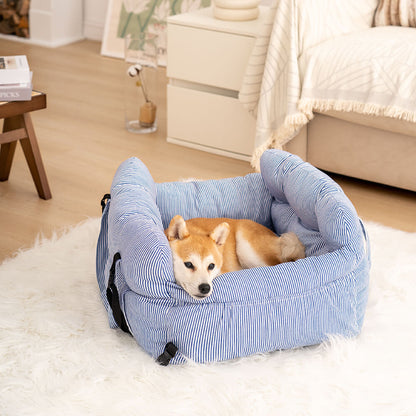 Luxury Dog Car Seat with Blue-White Stripes – Comfortable & Safe Travel Bed for Pets