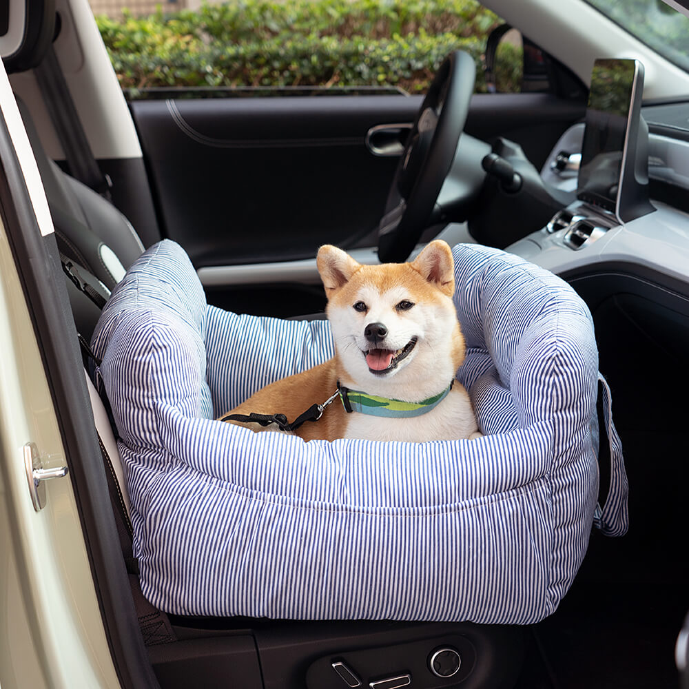 Luxury Dog Car Seat with Blue-White Stripes – Comfortable & Safe Travel Bed for Pets