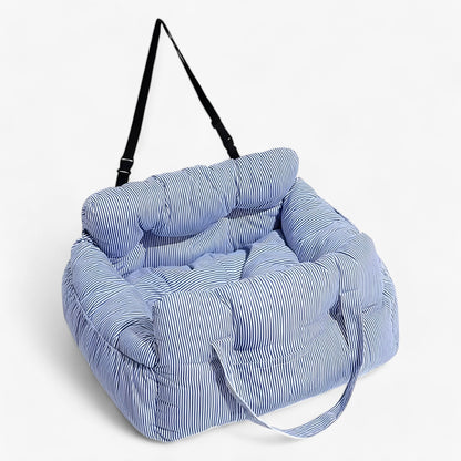 Luxury Dog Car Seat with Blue-White Stripes – Comfortable & Safe Travel Bed for Pets