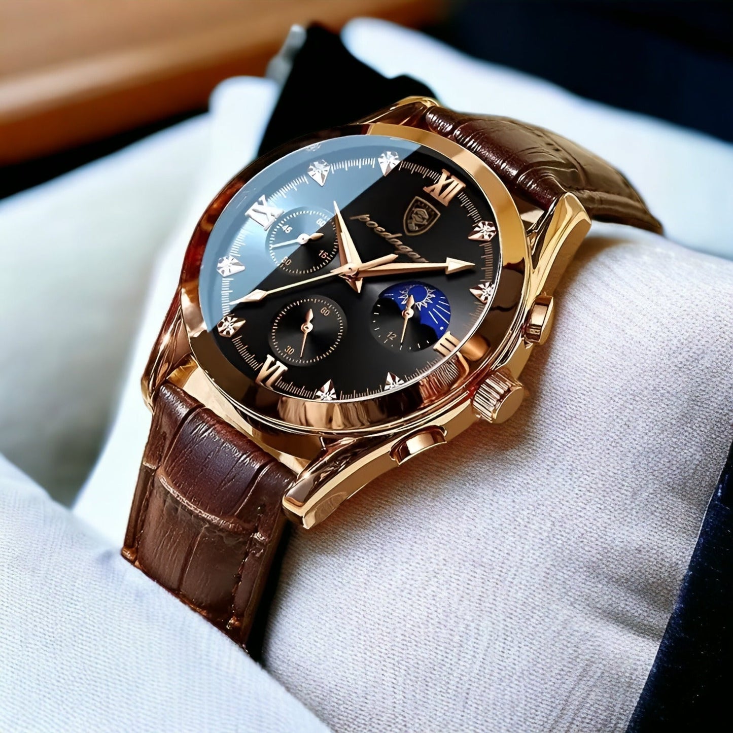 Luxury Quartz Watch Brown Gold Stainless Steel Mens Wristwatch