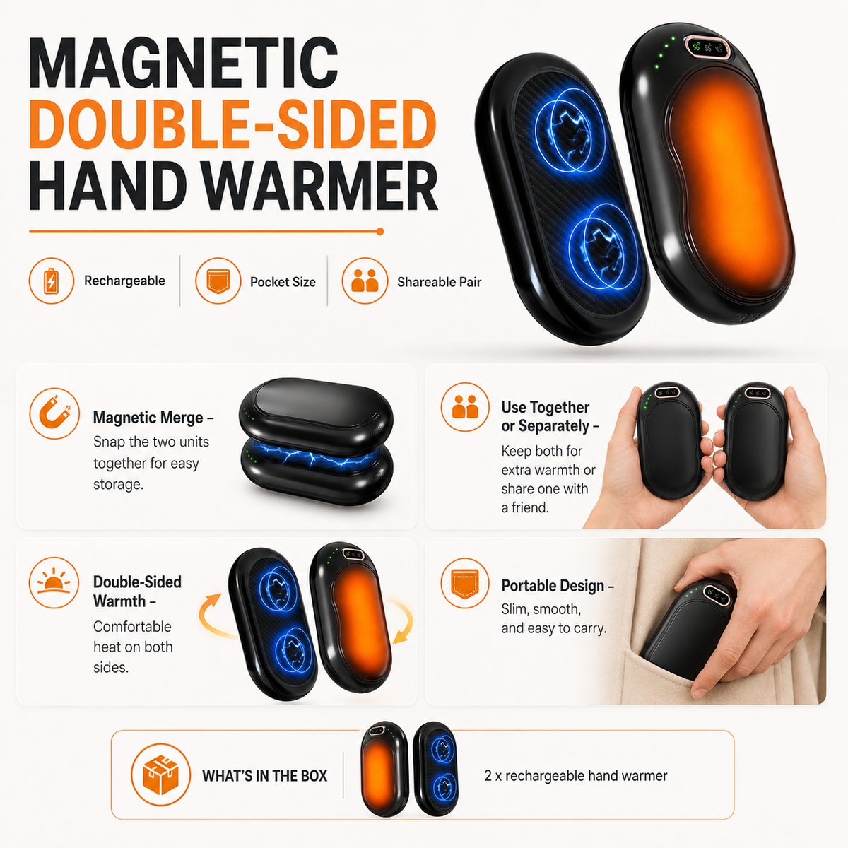 Magnetic Rechargeable Double-Sided Hand Warmers