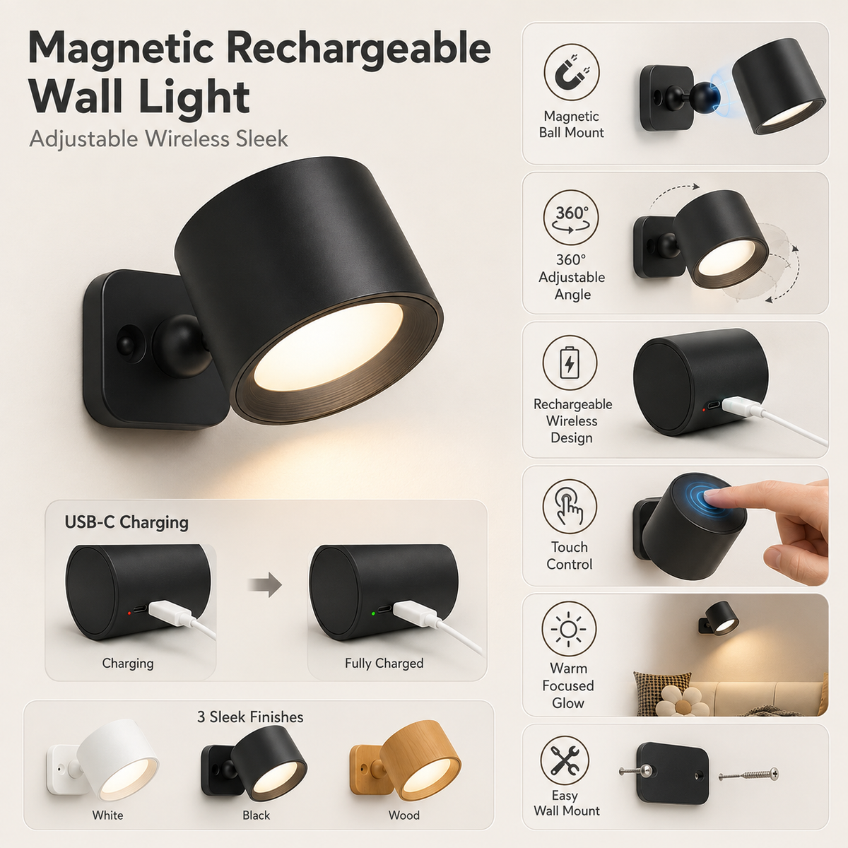 Magnetic Rechargeable Wall Light with 360° Adjustable Mount and Touch Control