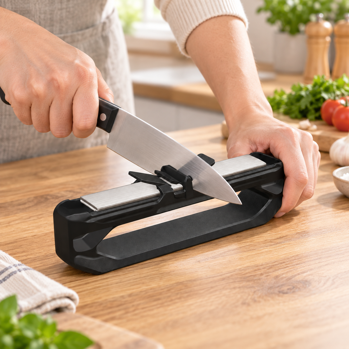 Manual Kitchen Knife Sharpener with Non-Slip Handle and Compact Design