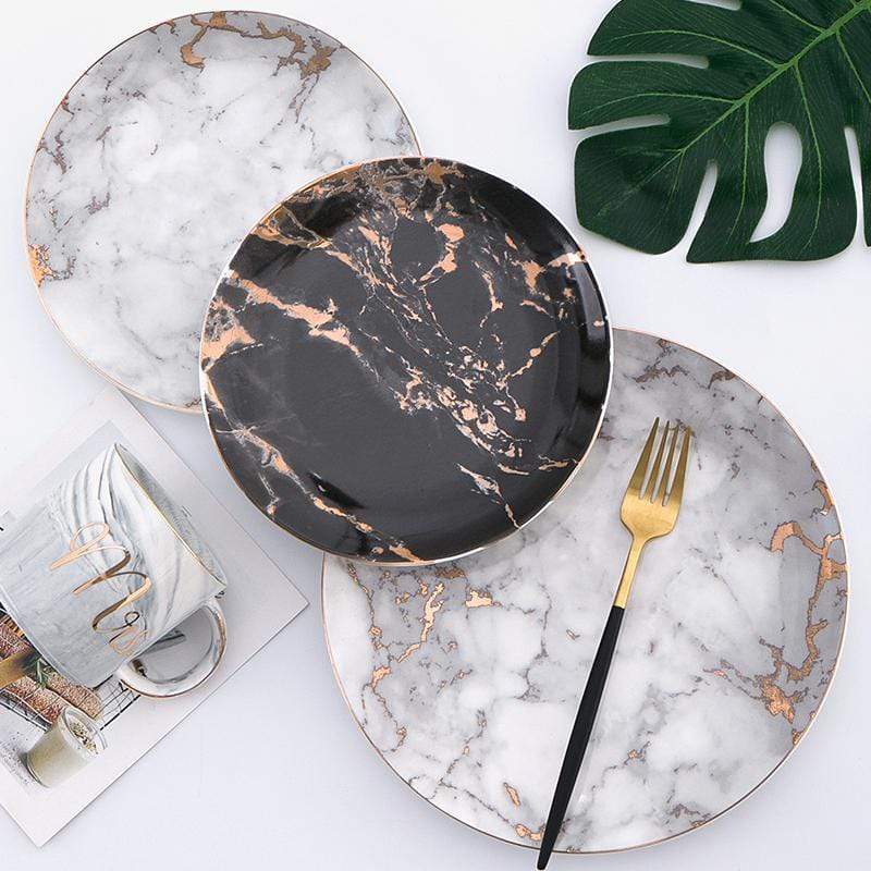 Marble Porcelain Dinner Plates Gold Rim Dessert Steak Plates