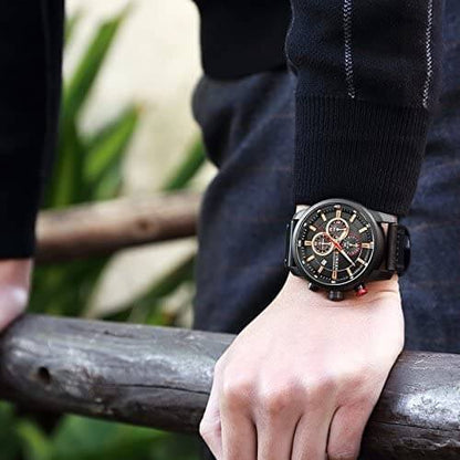 Mens Chronograph Leather Strap Quartz Watch