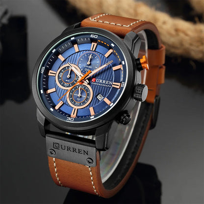 Men's Chronograph Watch Quartz Leather Strap Waterproof Analog Timepiece