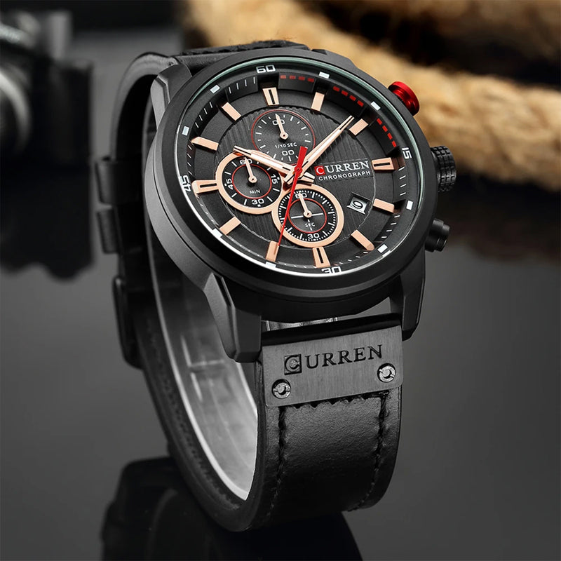 Men's Chronograph Watch Quartz Leather Strap Waterproof Analog Timepiece