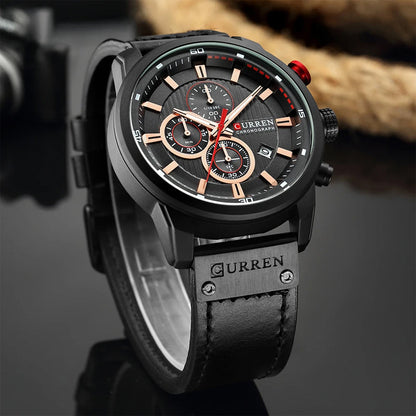 Men's Chronograph Watch Quartz Leather Strap Waterproof Analog Timepiece