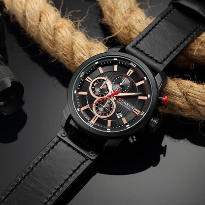 Men's Chronograph Watch Quartz Leather Strap Waterproof Analog Timepiece