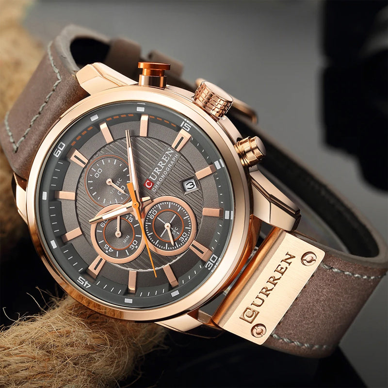 Men's Chronograph Watch Quartz Leather Strap Waterproof Analog Timepiece