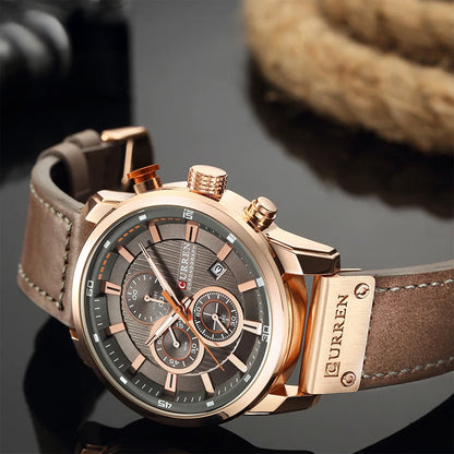Men's Chronograph Watch Quartz Leather Strap Waterproof Analog Timepiece
