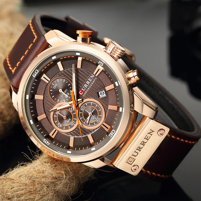 Men's Chronograph Watch Quartz Leather Strap Waterproof Analog Timepiece