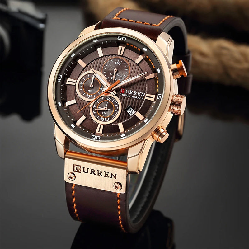 Men's Chronograph Watch Quartz Leather Strap Waterproof Analog Timepiece