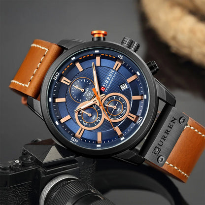 Men's Chronograph Watch Quartz Leather Strap Waterproof Analog Timepiece