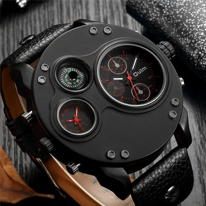 Mens Dual Time Watch Leather Strap Stainless Steel Wristwatch