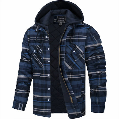 Mens Flannel Winter Jacket Hooded Quilted Warm Outdoor Jacket