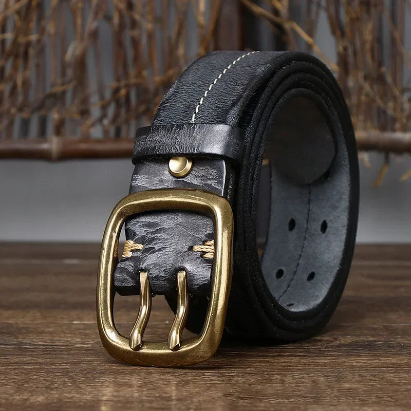 Men's Genuine Cowhide Leather Belt Double Brass Buckle