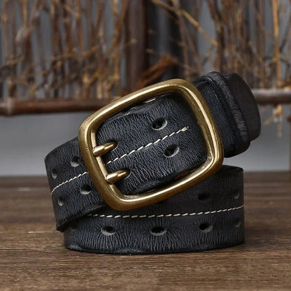Men's Genuine Cowhide Leather Belt Double Brass Buckle