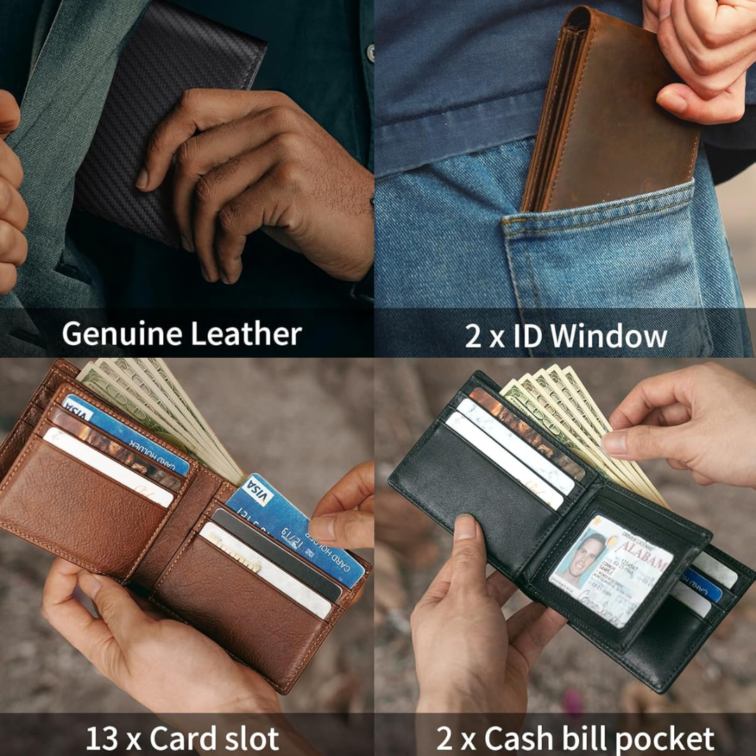 Men's Genuine Leather RFID Wallet Slim Bifold Card Holder with ID Window