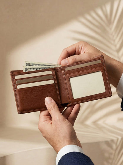 Men's Genuine Leather RFID Wallet Slim Bifold Card Holder with ID Window