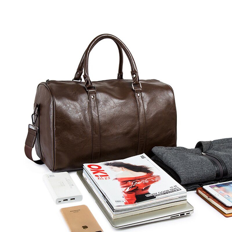Mens Leather Travel Duffel Bag Large Capacity Carry On Weekender