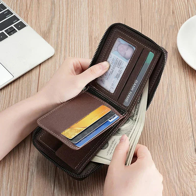 Mens Leather Wallet Compact Bifold Card Holder Coin Pocket