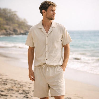 Mens Linen Summer Set Short Sleeve Shirt Shorts Relaxed Fit