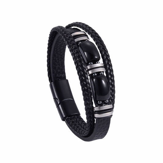 Mens Tiger Eye Bracelet Braided Leather Layered Jewelry Set
