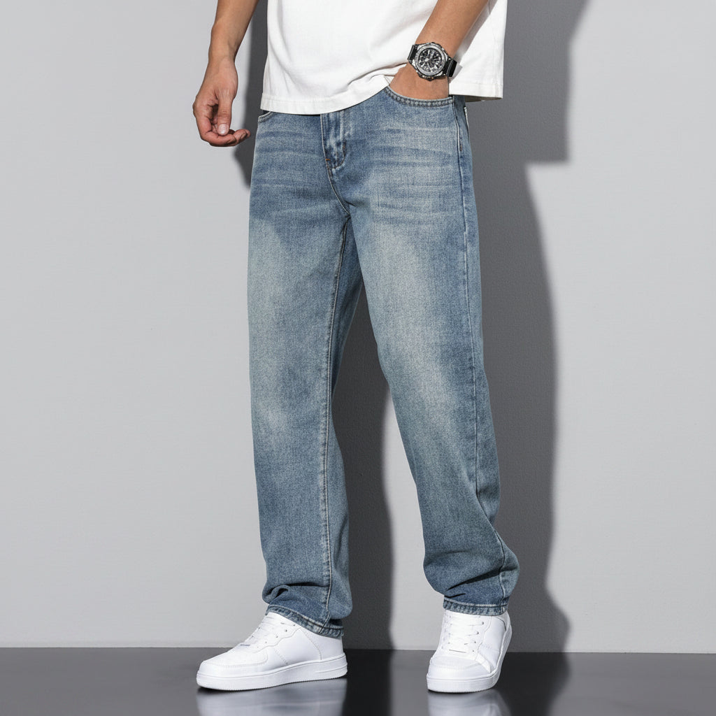 Men's Washed Straight Leg Denim Jeans Classic Casual Everyday Fit