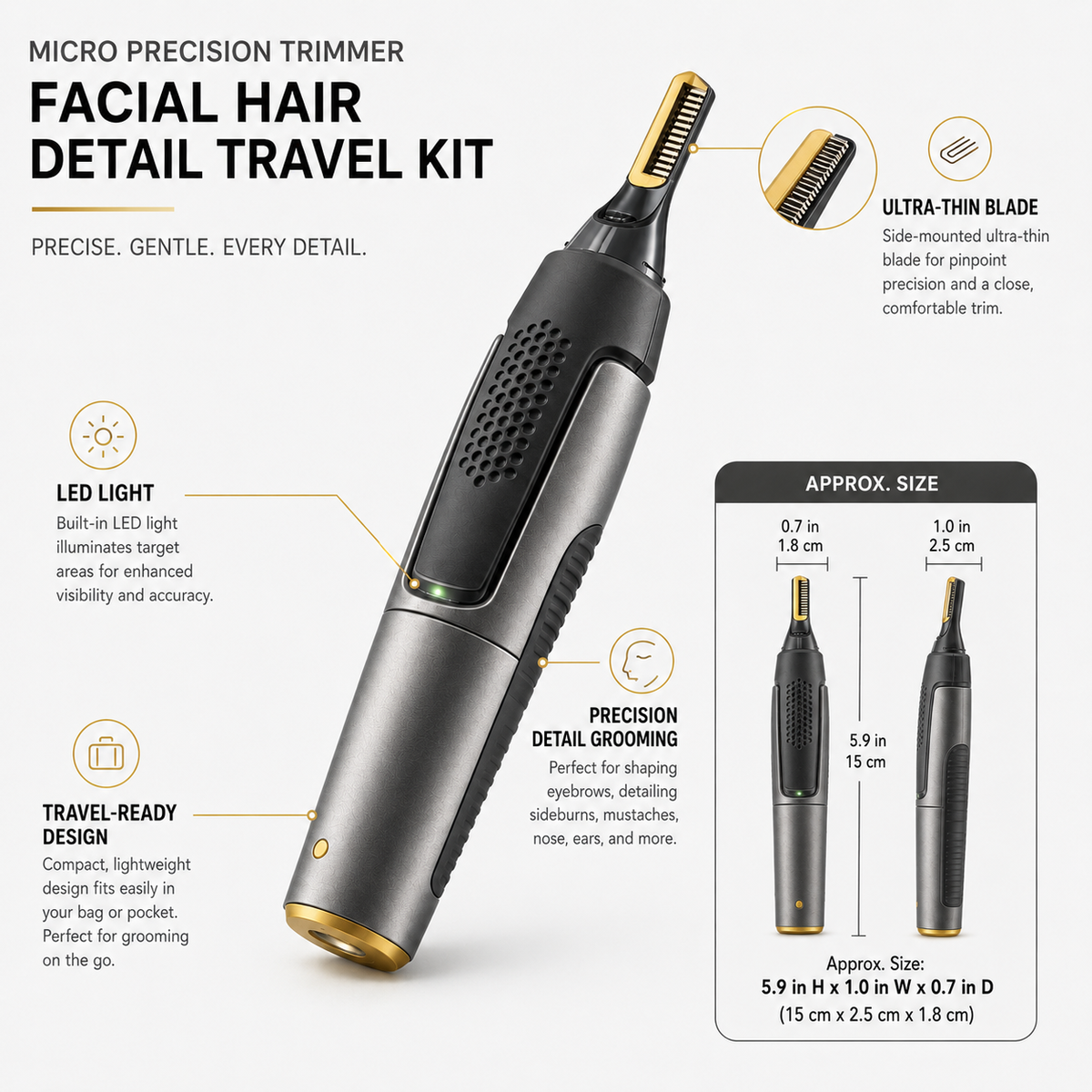 Micro Precision Facial Hair Trimmer with LED Light for Detail Grooming