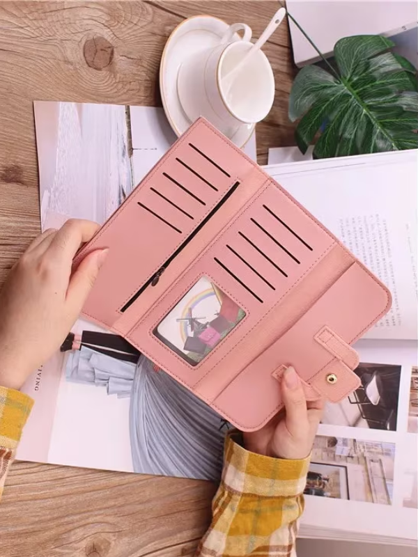 Minimalist Long Leather Wallet Slim Design Fold Clutch for Women