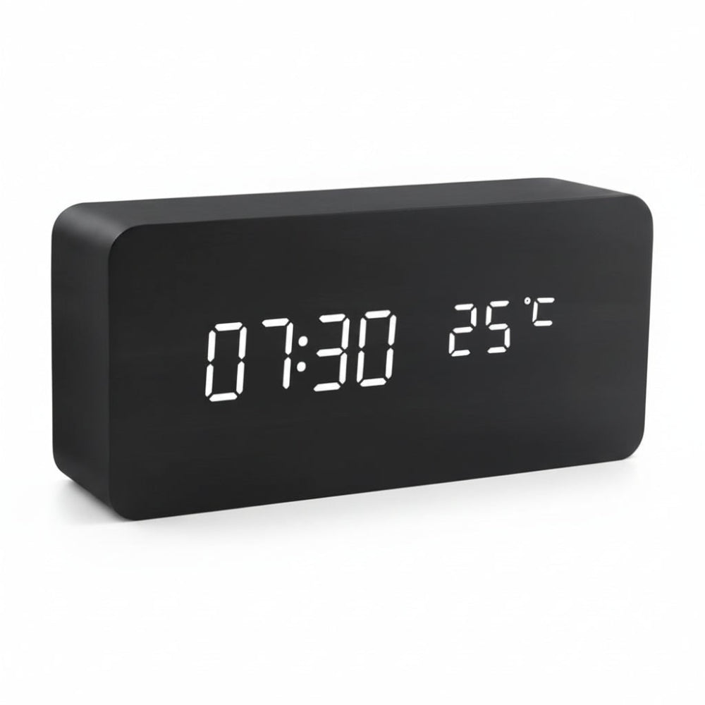 Moderne digitale wekker met led-display, drie alarmen en temperatuurweergave Productbeschrijving: