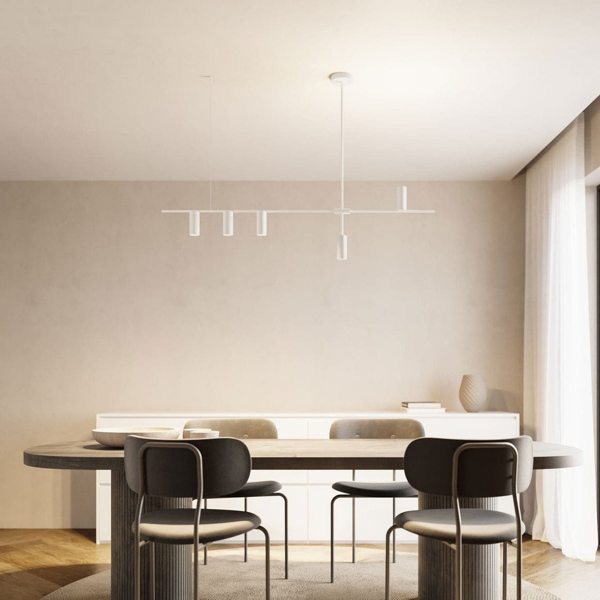 Moderne hangende plafondlamp met asymmetrisch cilindrisch design, zwart-wit, voor binnen