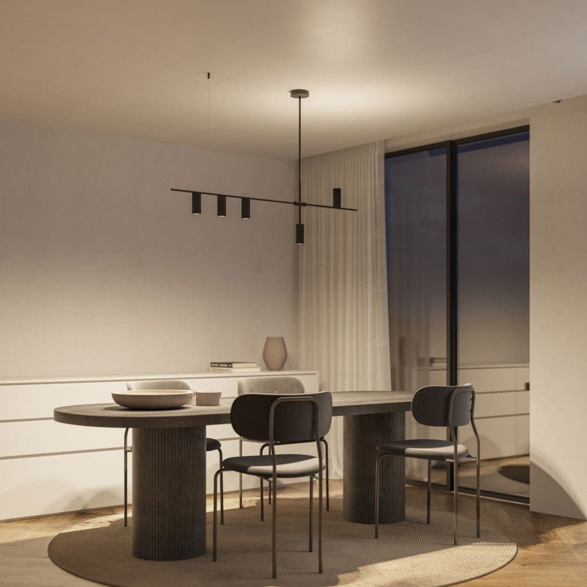 Moderne hangende plafondlamp met asymmetrisch cilindrisch design, zwart-wit, voor binnen