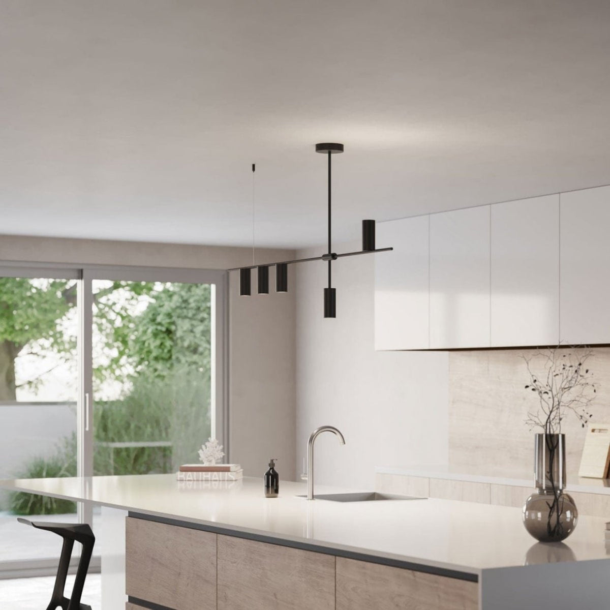 Moderne hangende plafondlamp met asymmetrisch cilindrisch design, zwart-wit, voor binnen