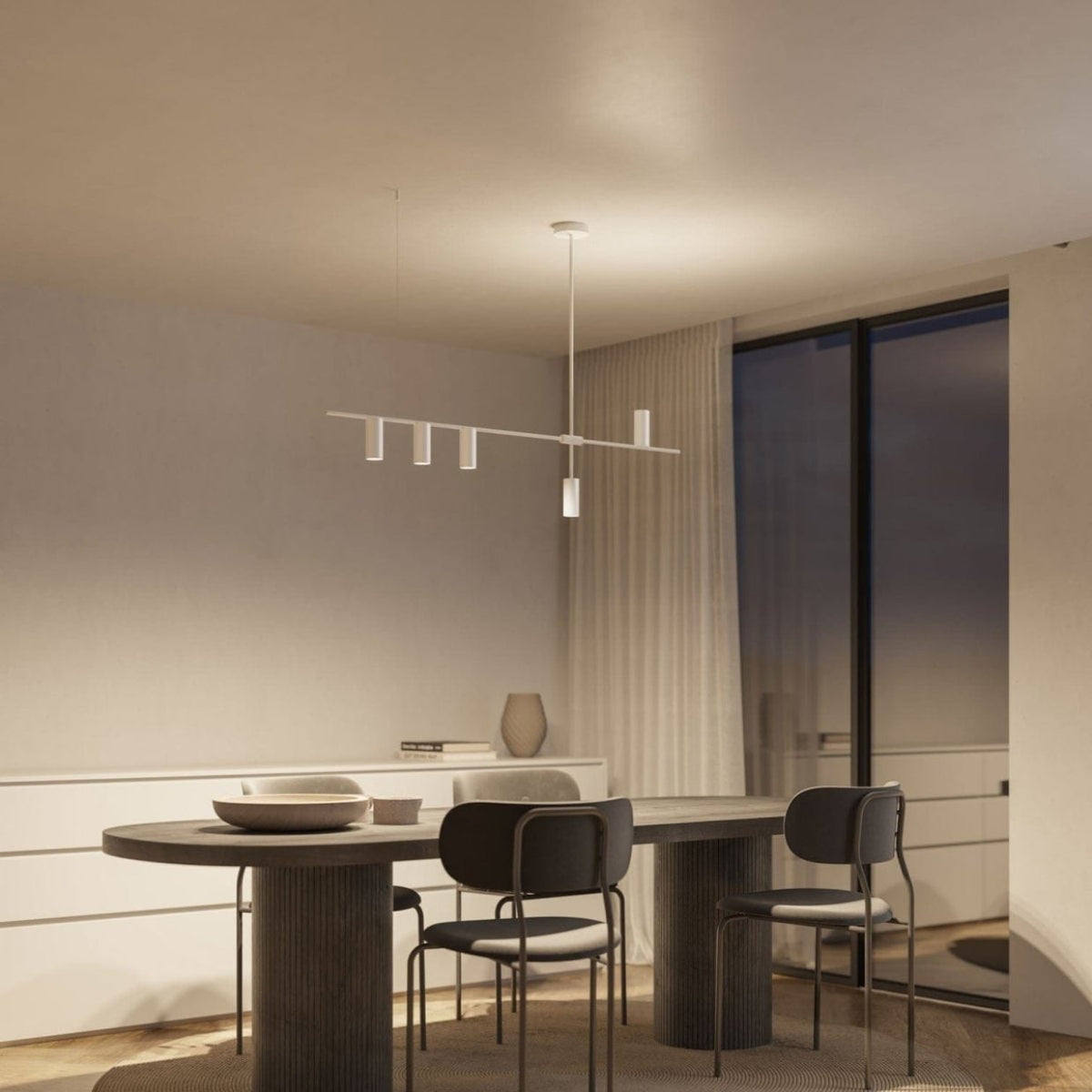 Moderne hangende plafondlamp met asymmetrisch cilindrisch design, zwart-wit, voor binnen