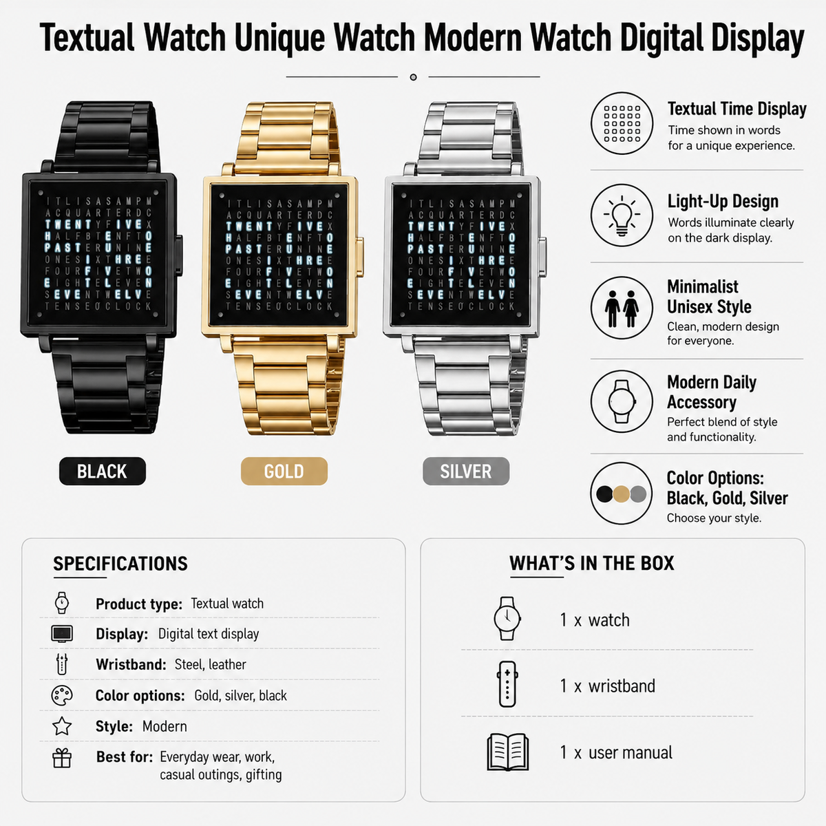 Modern Text Display Watch with Illuminated Digital Face