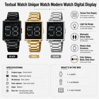 Modern Text Display Watch with Illuminated Digital Face