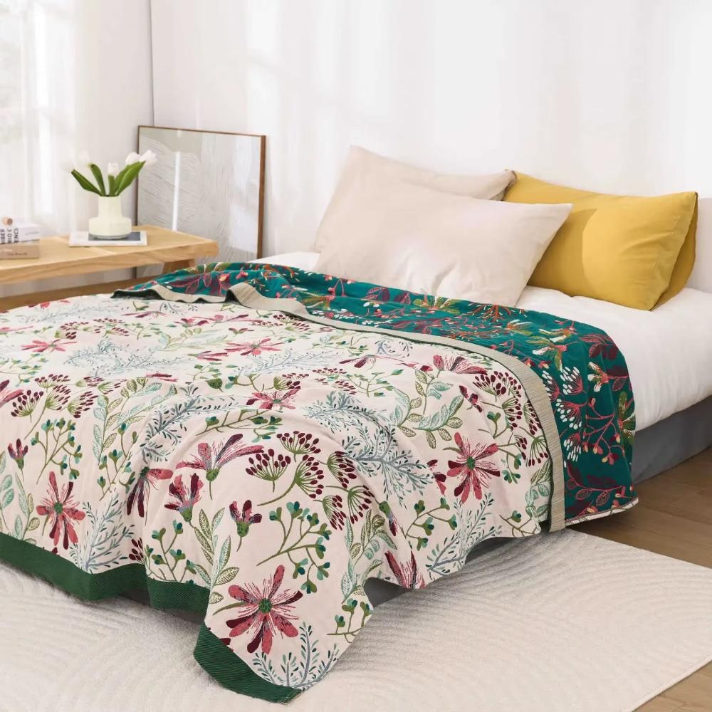 Organic Cotton Floral Throw Blanket Soft Four Layer Gauze Decorative Quilt