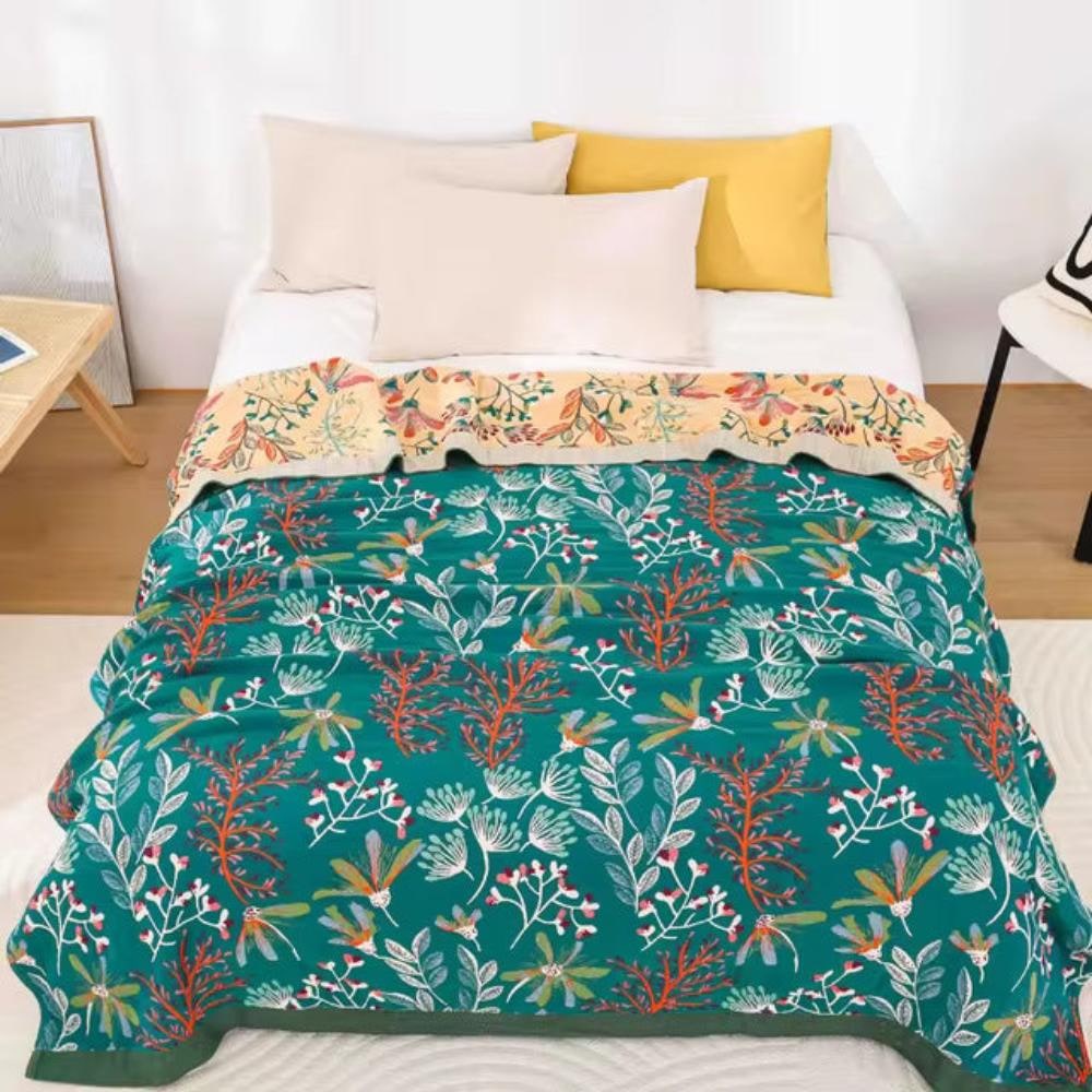 Organic Cotton Floral Throw Blanket Soft Four Layer Gauze Decorative Quilt