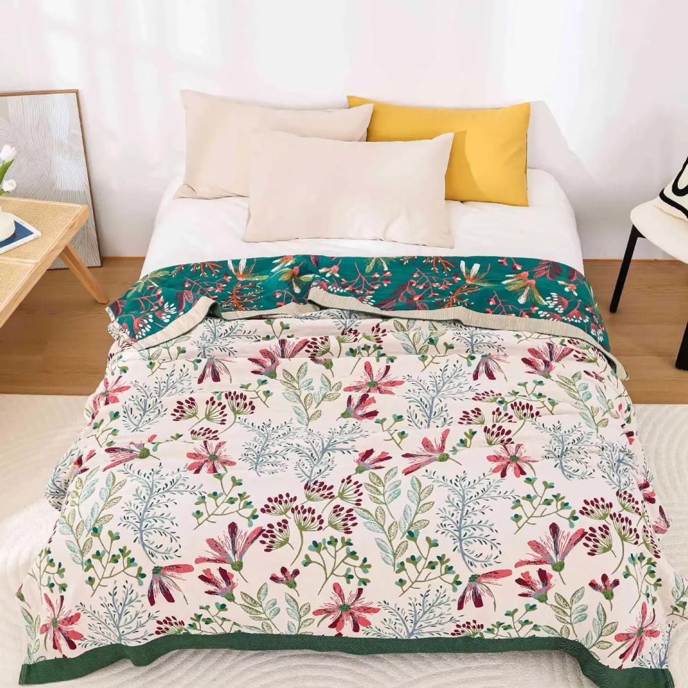 Organic Cotton Floral Throw Blanket Soft Four Layer Gauze Decorative Quilt