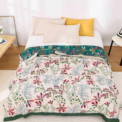 Organic Cotton Floral Throw Blanket Soft Four Layer Gauze Decorative Quilt