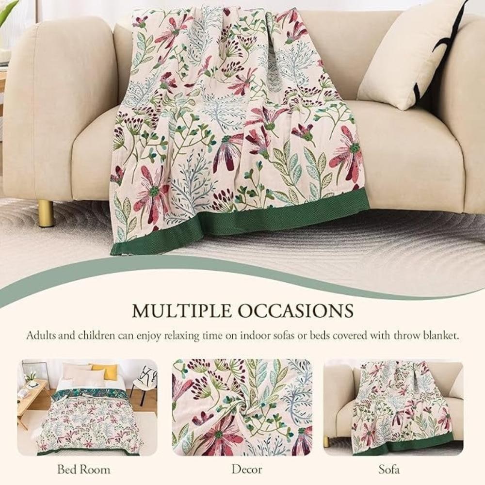 Organic Cotton Floral Throw Blanket Soft Four Layer Gauze Decorative Quilt