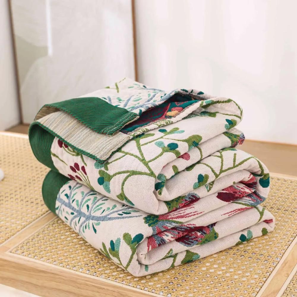 Organic Cotton Floral Throw Blanket Soft Four Layer Gauze Decorative Quilt