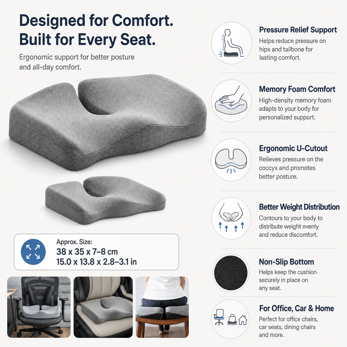 Orthopedic Memory Foam Seat Cushion with Ergonomic Design for Comfortable Sitting