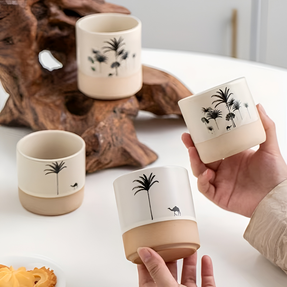 Palm Pattern Ceramic Coffee Cup Set Espresso Tea Mugs