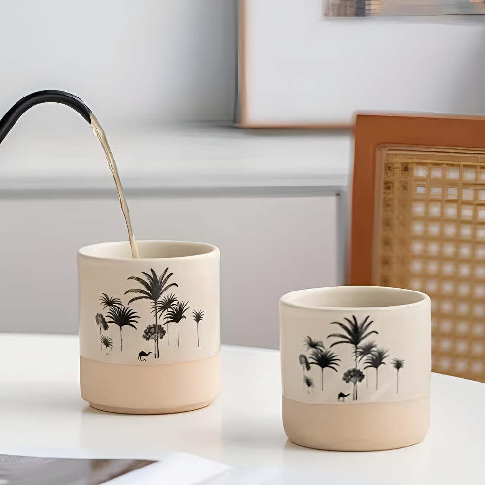 Palm Pattern Ceramic Coffee Cup Set Espresso Tea Mugs