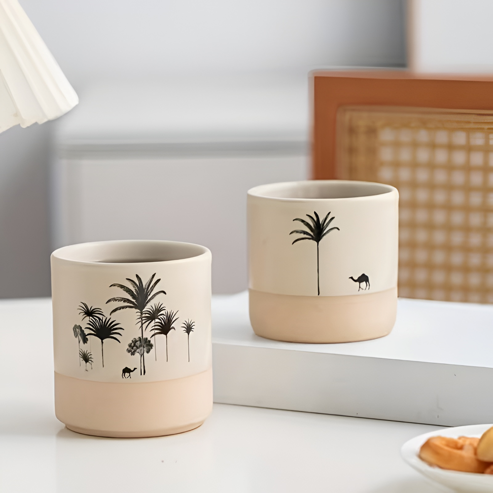 Palm Pattern Ceramic Coffee Cup Set Espresso Tea Mugs