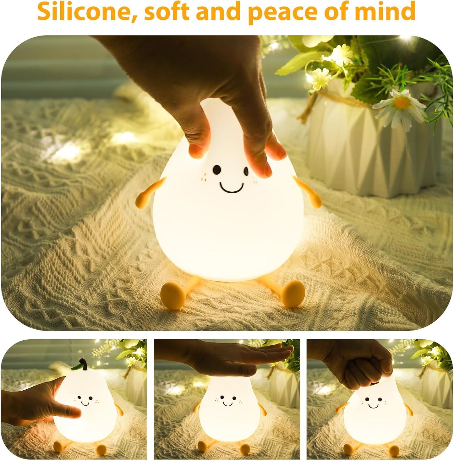 Pear Night Light Kids Bedroom Lamp USB Rechargeable Soft Silicone Light